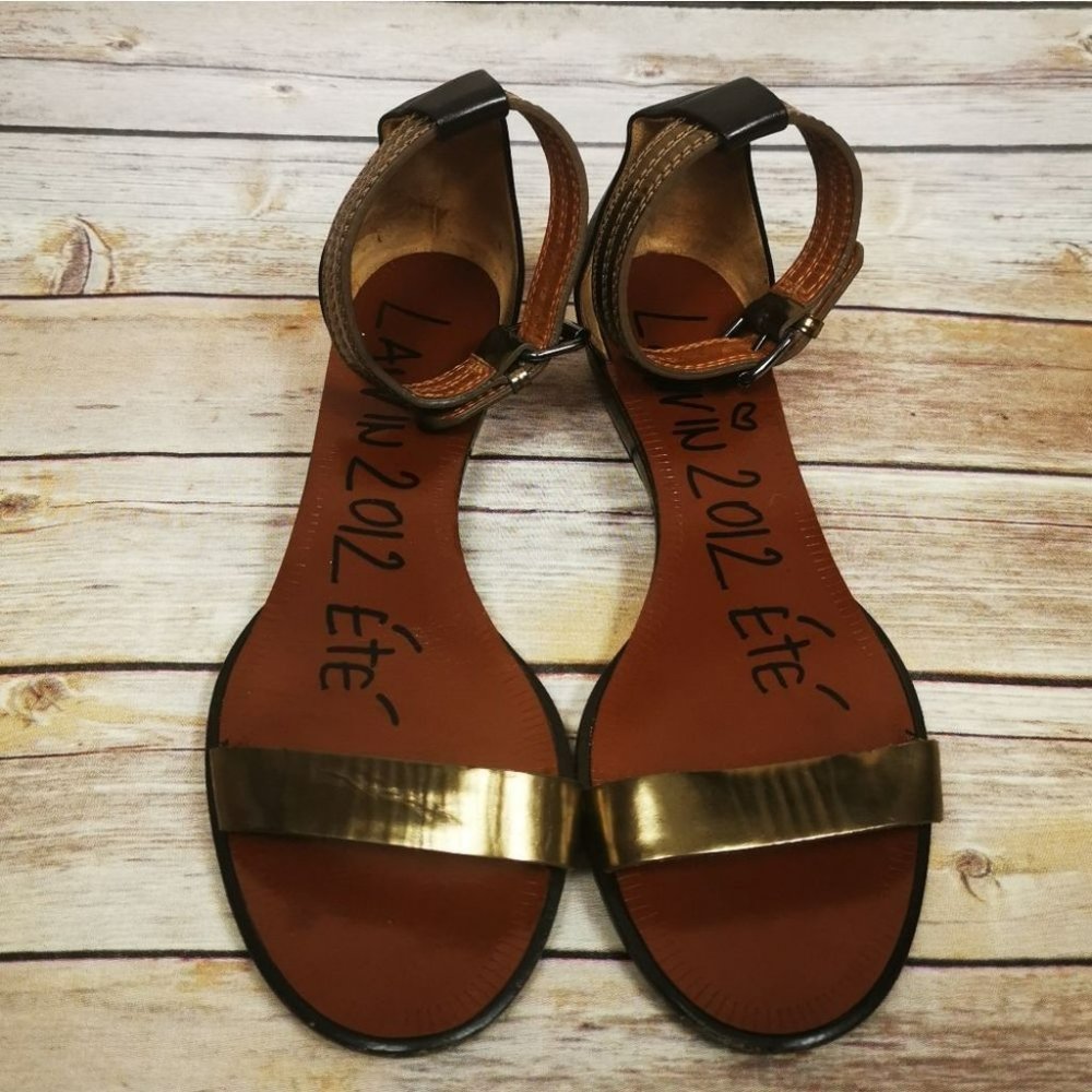 Lanvin Ankle Strap Sandals size 37 1/2 2012 Ete Metallic Leather Bronze Sandals